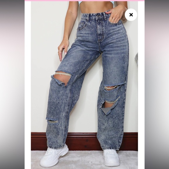 Pretty Little Things Acid Blue Baggy Low Rise Ripped Boyfriend Jeans - Picture 13 of 14
